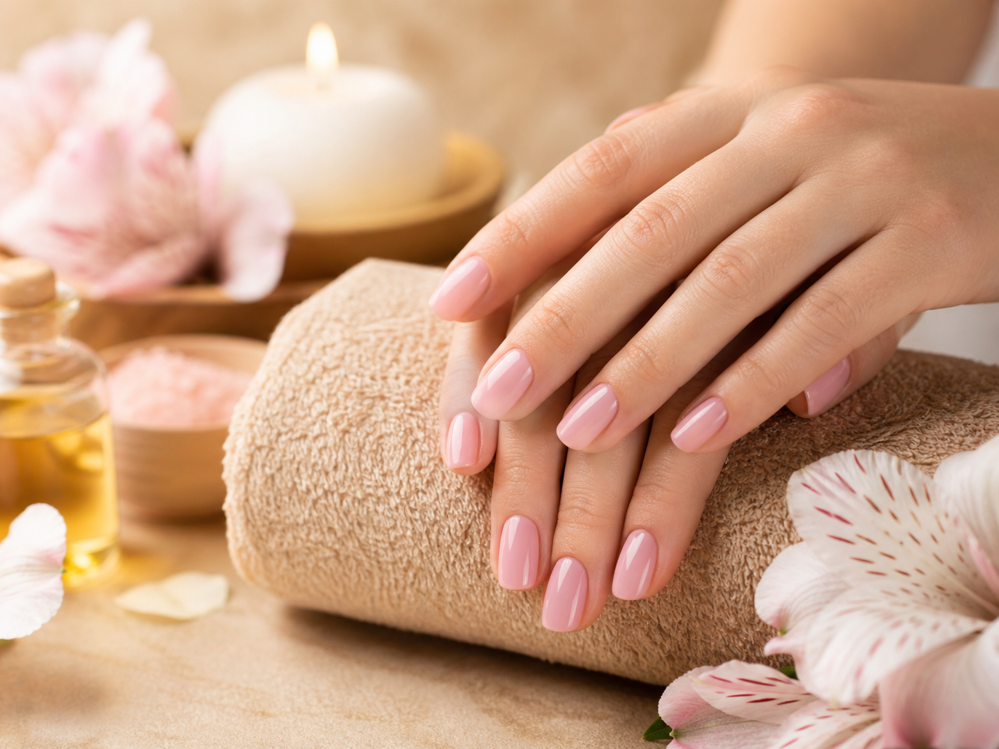 Manicured hands in spa setting.
